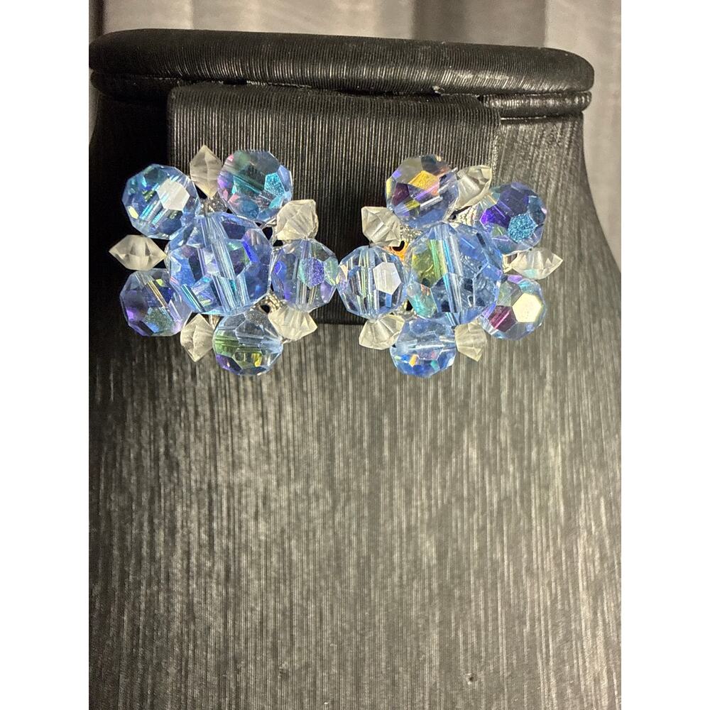 Vintage Blue Crystal Clip On Earrings